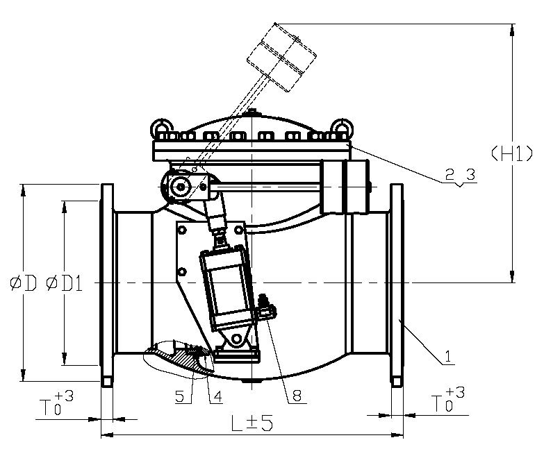 nákres otočného spätného ventilu s protizávažím pneumatického pohonu
